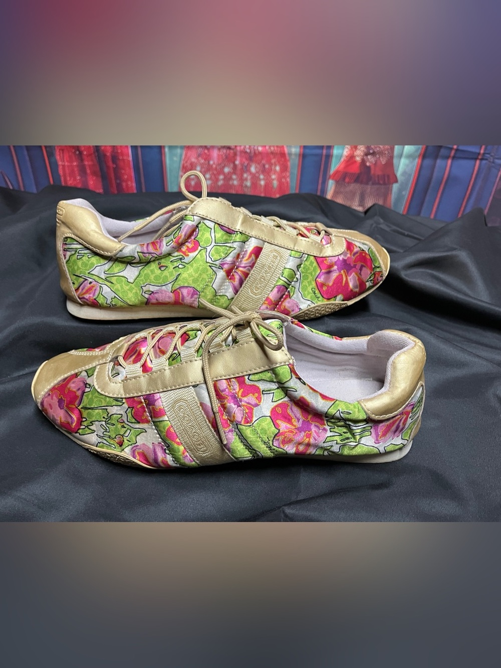 Coach Kirby Pink 🍃🌺🍃🌸 and Green Floral Leather-Trim Sneakers, GUC size 11